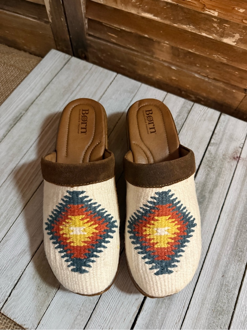 Born Bandy Blanket Slip-On Mules with Southwestern Diamond Embroidery